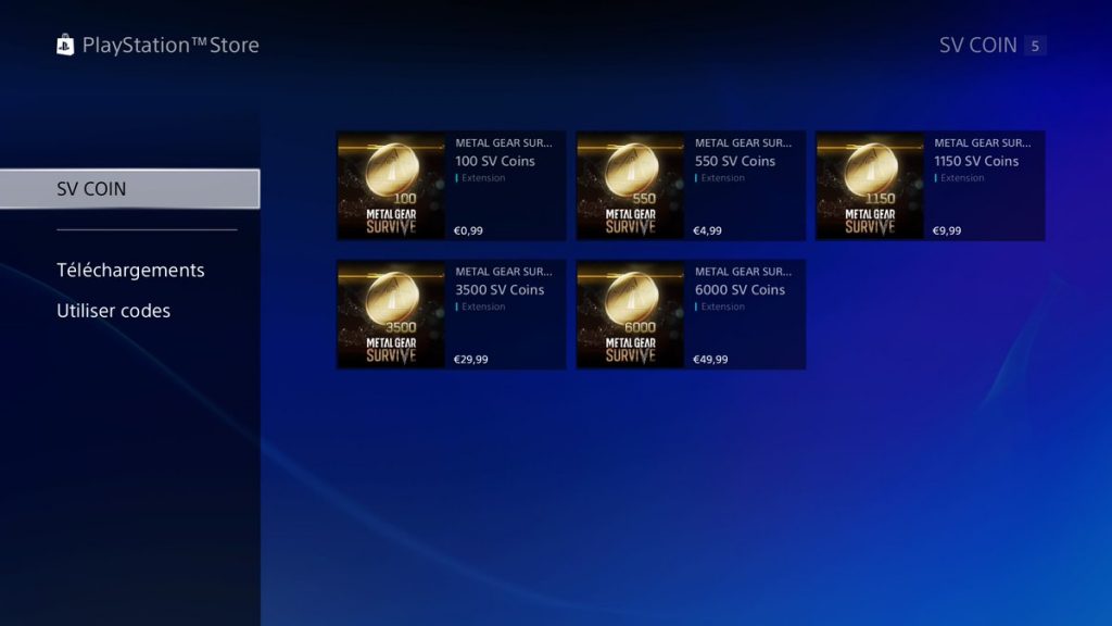 Metal Gear Survive jetons SV